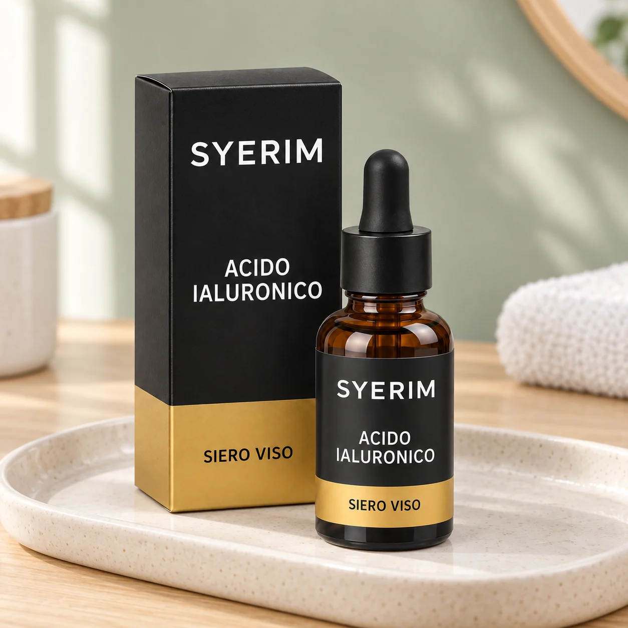 Acido Ialuronico SYERIM con scatola e flacone su un vassoio da skincare