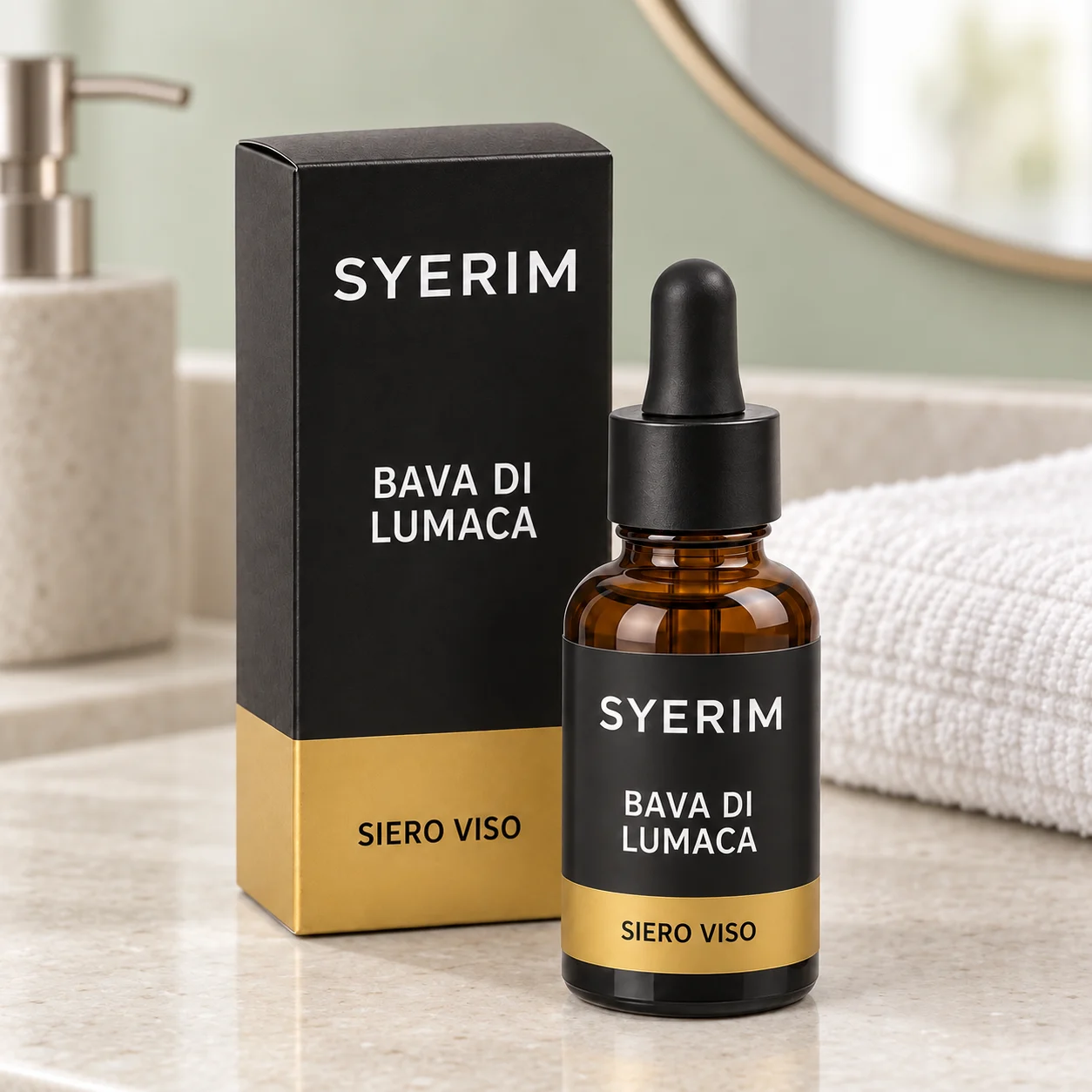 Bava di Lumaca SYERIM con scatola e flacone sul piano di un bagno luminoso