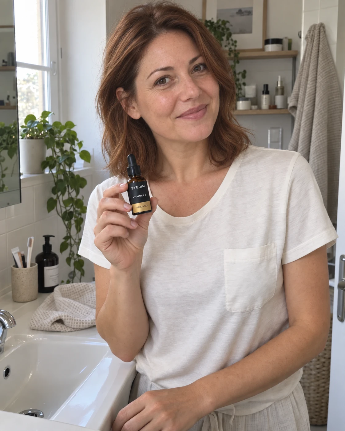 Scena AI: donna adulta in bagno che tiene un siero Vitamina C SYERIM