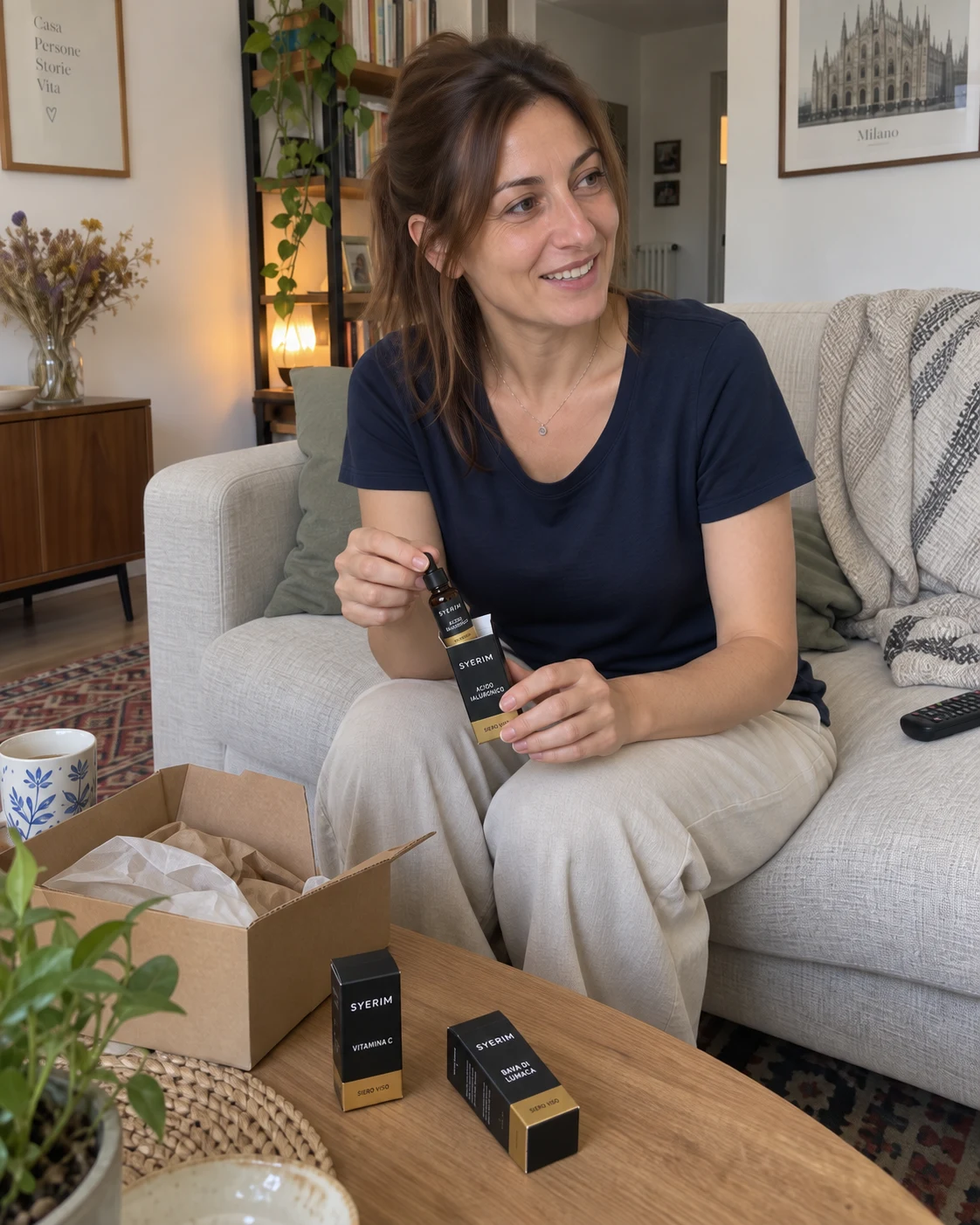 Scena AI: donna europea di circa 44 anni seduta sul divano mentre apre una confezione di siero SYERIM