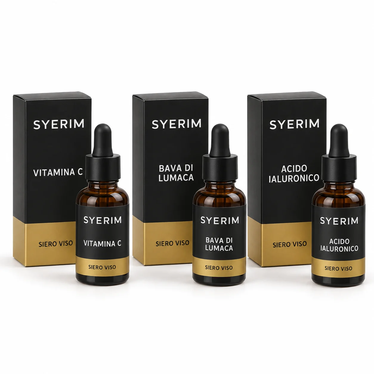 Kit SYERIM: tre sieri con scatole singole nere e oro, su fondo bianco