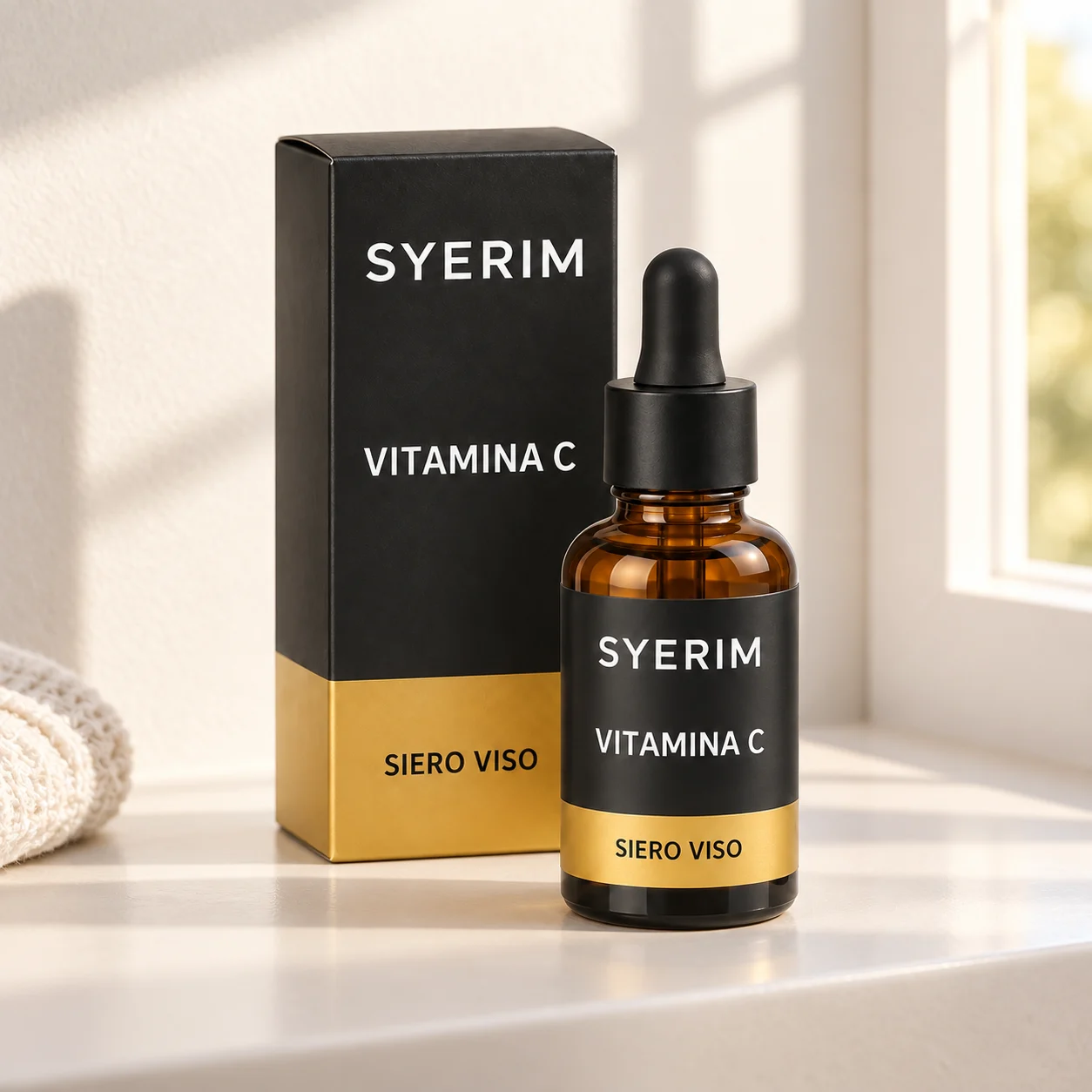 Vitamina C SYERIM con scatola e flacone su una mensola illuminata dalla finestra